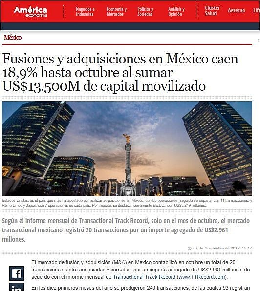 Fusiones y adquisiciones en Mxico caen 18,9% hasta octubre al sumar US$13.500M de capital movilizado